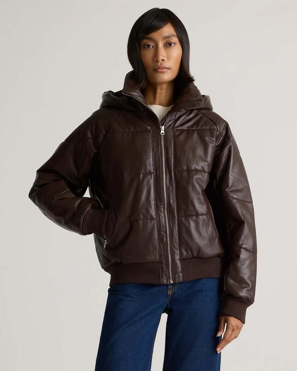 Quince 100% BROWN Leather Puffer Jacket. Size xs